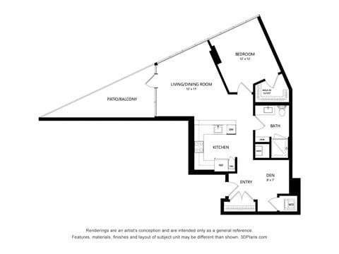 Floor plan for 1 bed, 1 bath, 835 sqft